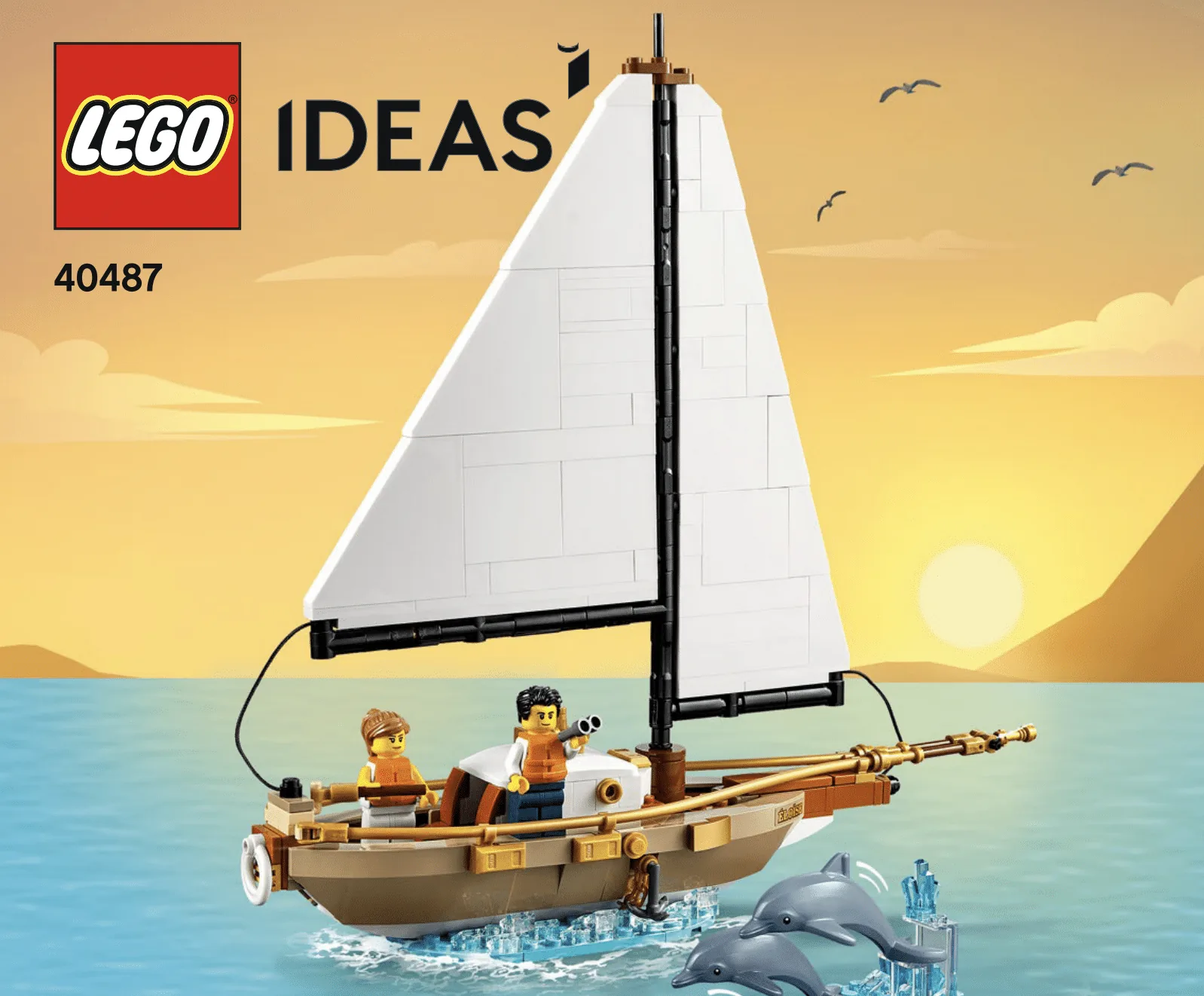 LEGO sailboat with two mini-figures sailing on calm blue water at sunset, symbolizing creativity, patience, and order at sea.