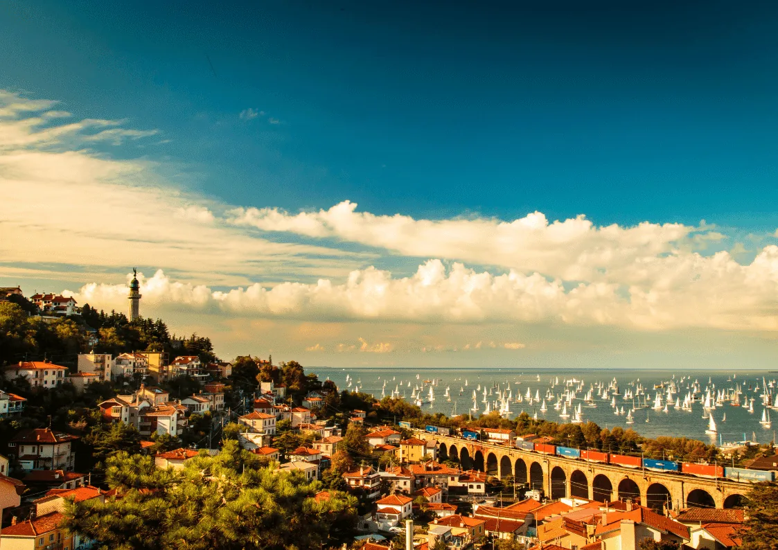 View of Trieste and the Gulf of Trieste with hundreds of sailboats participating in the Barcolana regatt